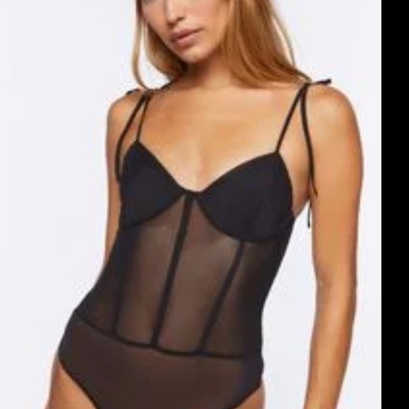 NWT Forever 21 Black Mesh Tie Strap Corset Bodysuit - Picture 6 of 6